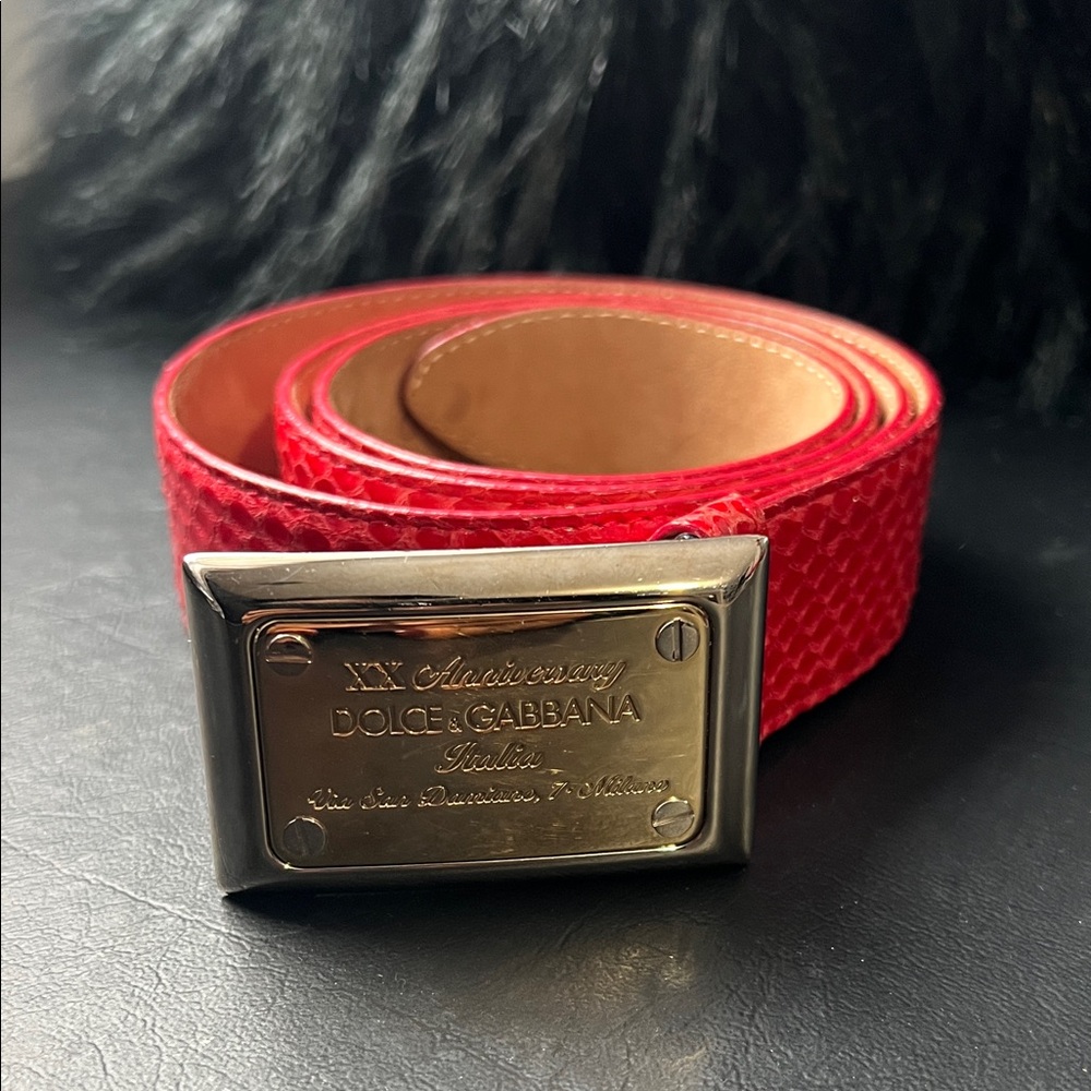 Dolce & Gabbana Red Textured Belt with Gold Buckle
